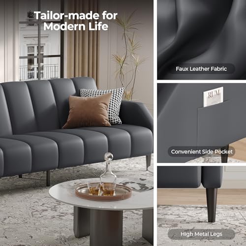 Fadware Faux Leather Couch, Convertible Futon Sofa Bed with Adjustable Backrest, Mid Century Leather Sofa Loveseat with Side Pockets& Metal Leg, Modern Leather Sleeper Sofa for Living Room Bedroom Fadware
