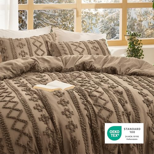 Bedsure Tufted Boho Comforter Set California King Size - Light Brown Boho Bed Set, GentleSoft™ 3 Pieces Farmhouse Shabby Chic Embroidery Bedding, Gifts for Woman, Jacquard Comforter for All Seasons Bedsure