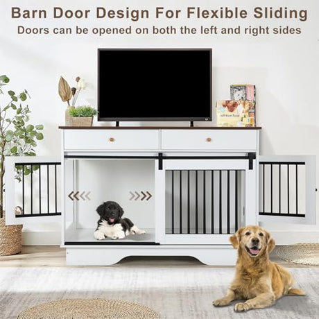 Dog Crate Furniture for 2 Dogs, Dog Kennel with 2 Storage Drawers & Divider, Large Double Dog Cage As TV Stand, Furniture Style Dog Crates with Sliding Barn Door (Brown & White) OUTDOOR DIAMOND