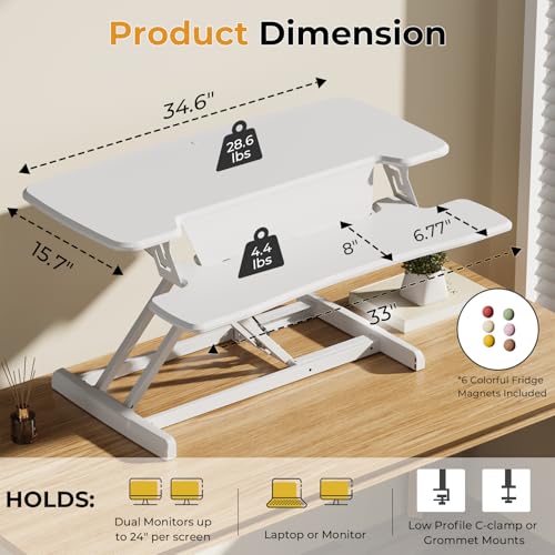 JOY worker Standing Desk Converter, 35" Height Adjustable Sit Stand Up Desk Riser with Keyboard Tray & 6 Fridge Magnets, Desktop Workstation Riser for Home Office Computer Laptop, White JOY worker