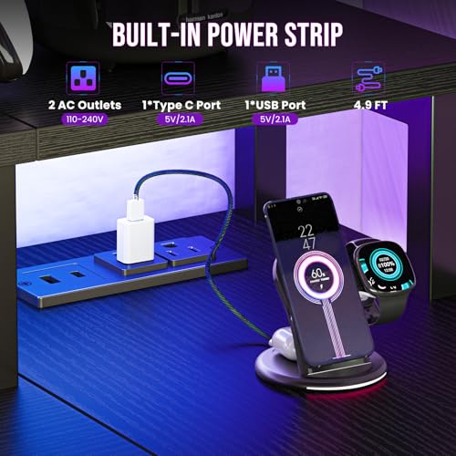 DUMOS 53” Gaming Desk with USB Charging Ports & LED Lights, Reversible L Shaped Desks Computer Corner Gamer Table with Power Outlets Monitor Stand Storage Shelves for Home Office Small Space, Black DUMOS