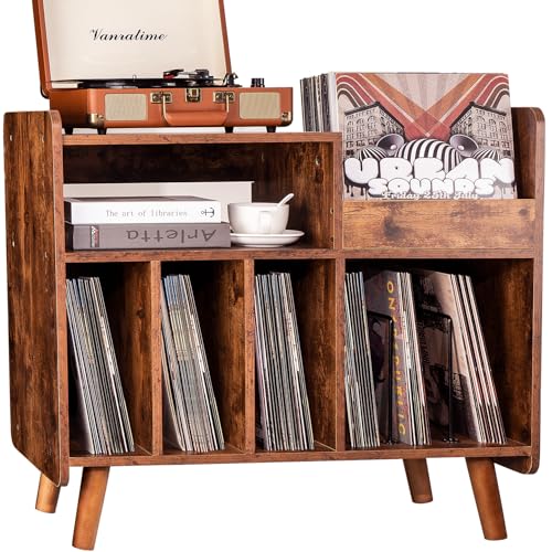 BEROXII Record Player Stand, Large Record Player Table Cabinet with Open Vinyl Storage and Display Shelf Holds up to 350 Albums, Mid Century Wood Turntable for Living Room, Bedroom (Brown)