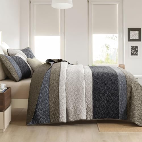 Cottolester Quilt Set Queen Size 3 Pieces,Striped Plaid Bedspread Coverlet Set,Taupe Boho Bedding Set Soft Microfiber Bedding Set with 2 Pillow Shams 96"x90" Cottolester