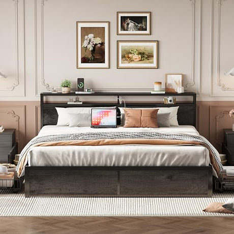 LIKIMIO King Size Bed Frame with 4 Storage Drawers, 2-Tier Storage Headboard with Charging Station, Double Bed Frame King Size for Bedroom, No Box Spring Needed, Easy Assembly, Charcoal Grey LIKIMIO