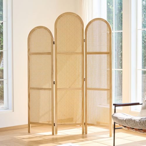Svimi Folding Room Divider 3 Panels, 5.6 Ft Double Hinged Rattan and Pine Wood Privacy Screen, Freestanding Partition for Bedroom, Living Room, Home Office Decor (Natural-Wave, 3 Panels) Svimi