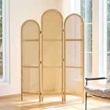 Svimi Folding Room Divider 3 Panels, 5.6 Ft Double Hinged Rattan and Pine Wood Privacy Screen, Freestanding Partition for Bedroom, Living Room, Home Office Decor (Natural-Wave, 3 Panels) Svimi
