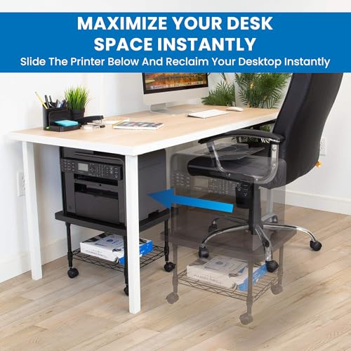 Mount-It! Under Desk Printer Stand with Wheels | Mobile Printer and Fax Cart with Storage Shelf for Office and Home Use, 2 Tiers (Black)