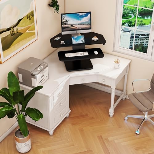 Lubvlook 32 inch Corner Standing Desk Converter, Height Adjustable Sit Stand Desk Riser with Keyboard Tray, Black, GSD76 Lubvlook