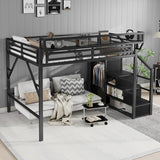 KEIKI Queen Size Metal Loft Bed Frame with Convertible Staircase, Built-in Storage Shelves and Wardrobe, Loft Bed with Solid Slats, Guardrail, No Box Spring Required, Easy Assembly, for Bedroom, Black KEIKI