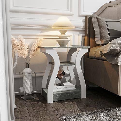 FROMJBEST End Tables Living Room, Grey End Table with Charging Station, Grey Side Table, Nightstand for Bedroom, 3 Tier End Table with Storage Shelf for Living Room FROMJBEST