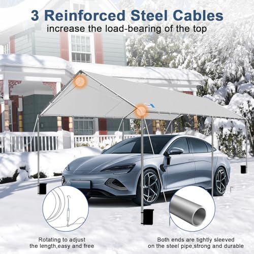 Carport Canopy 10'x20' Heavy Duty Carport, Waterproof & UV Protected Garage Top Tarp Shelter Cover with Reinforced Steel Cables, Outdoor Portable Garage for Car, Boat Tent, Light Grey - WoodArtSupply