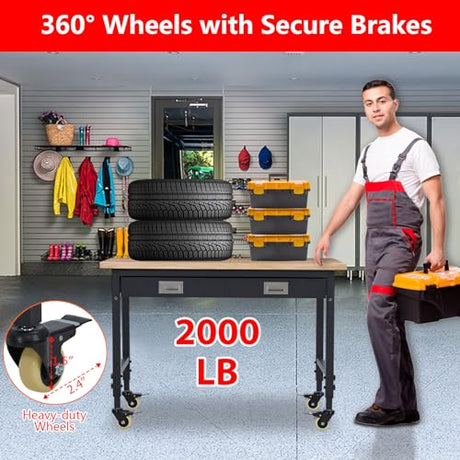 Adjustable Height Workbench,60" x 22" Worktable,Heavy Duty Rubberwood Top,2000LB Capacity,Metal Frame, Lockable Wheels, Power Outlets – Garage & Workshop Table – Black FinerFurnis