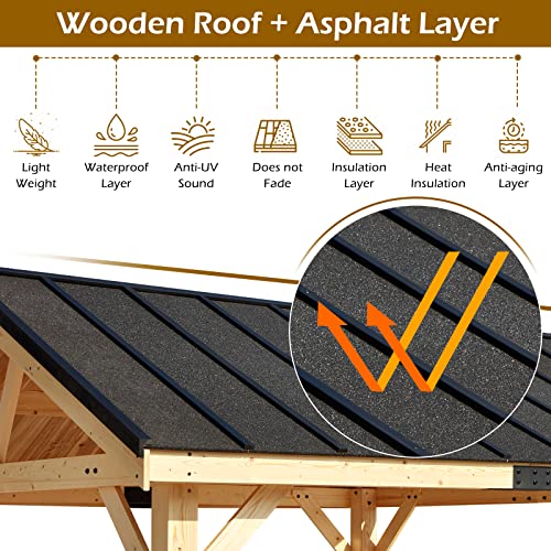 YOLENY Wood Gazebo, 11' x 12' Gazebo Hardtop Gazebo Spruce Wood Solid Wood Gazebo, Waterproof Asphalt Roof, for Lawns, Beach, Patio, Garden, Yard, Easy Assembly YOLENY