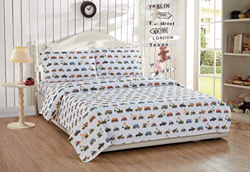 Linen Plus Sheet Set for Kids Construction Tractors Excavators Loaders Dump Trucks Compactors White Blue Red Green Yellow Grey Flat Fitted and Pillow Cases Full Size New Linen Plus