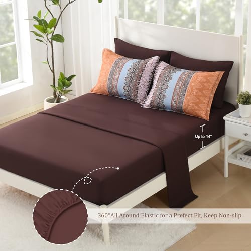 LXWORX Boho Comforter Set Queen - 7 Pieces Bed in a Bag, Bohemian Striped Comforter Set with Sheets, Soft Microfiber Brown Floral Bedding Set for All Season (Brown, Queen) LXWORX