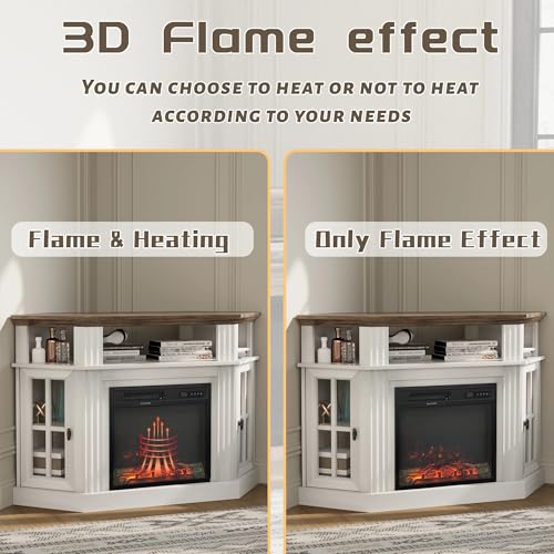 Flamaker Fireplace Corner TV Stand for TVs up to 55 Inch, Entertainment Center with 18" Fireplace, TV Console Table with Glass Door Storage Cabinet and Open Shelf (White) Flamaker