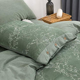 OREISE Duvet Cover Set Full/Queen Size Washed Cotton Yarn, Jacquard Green and White Thin Branch Pattern Floral Style 3Piece Bedding Set OREISE