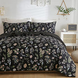 Floral Comforter Set Twin Size, Yellow Green Botanical Flower Leaves Printed Black Comforter for Kids Teen Women, 2 Piece Soft Microfiber Bedding Set with 1 Pillow Case for All Season(Black,Twin) KAKIJUMN