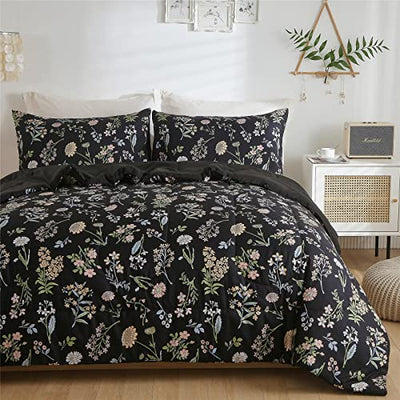 Floral Comforter Set Twin Size, Yellow Green Botanical Flower Leaves Printed Black Comforter for Kids Teen Women, 2 Piece Soft Microfiber Bedding Set with 1 Pillow Case for All Season(Black,Twin)