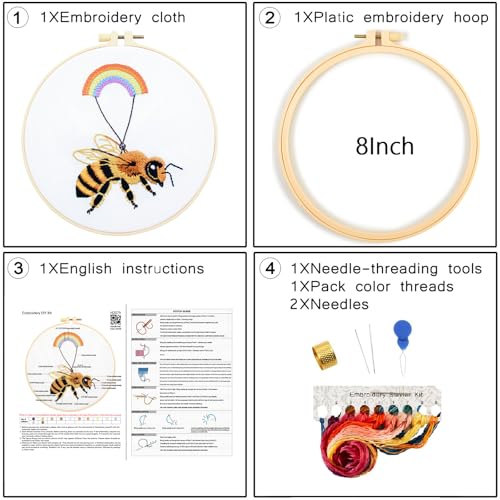 Crafmanoe Cute Bees Embroidery Kits for Beginners Adults, Hand Embroidery Starters Kits, Stamped Cross Stitch Kits DIY Needlepoint Kits for Beginners Adults, Embroidery Hoop, Thread and Video Tutorial