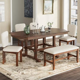 Merax Solid Wood Extendable Dining Table for 4-8 People with Seamless Extension from 60 to 78 Inches, 6-Piece Retro Dining Set with Rectangular Kitchen Table, Bench and 4 Chairs, Space-Saving Design Merax