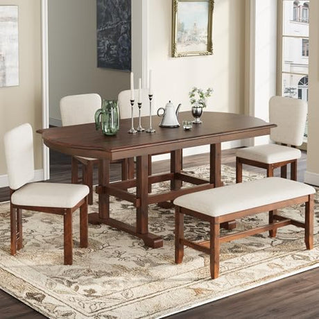 Merax Solid Wood Extendable Dining Table for 4-8 People with Seamless Extension from 60 to 78 Inches, 6-Piece Retro Dining Set with Rectangular Kitchen Table, Bench and 4 Chairs, Space-Saving Design Merax