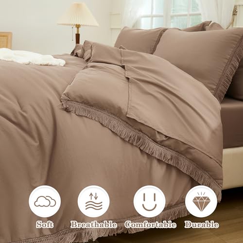 Andency Taupe Queen Size Comforter Set with Sheets - 7 Pieces Boho Tassel Bed in a Bag Soft Lightweight Bedding Sets, Taupe Fringe Bed Set with Comforter, Sheets, Pillowcases & Shams Andency