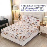 SDY 3PCS Dog Fitted Sheet, Doggy Print Pattern Bedding Sheet Full with Deep Pocket Fitted Sheet & 2 Pillowcases, Soft and Trendy, Kawaii Animals Cartoon Sheet for Boys, Girls and Teens, Full SDY