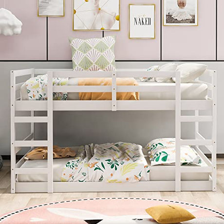 Ball & Cast Full Over Full Bunk Bed with Double Ladder and Full-Length Guardrail,Low Floor Bunkbed w/Slat Support,Bedroom Furniture for Girls Boys,White Ball & Cast