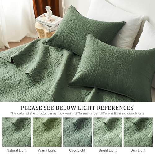 akkialla Queen Quilt Bedding Set,Olive Green Ultrasonic Full/Queen Quilt Set,Lightweight Soft Bedspread Coverlet,Modern Style Coin Pattern Bed Cover for All Seasons,3 Piece(1 Quilt,2 Pillow Shams) akkialla
