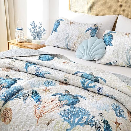 weigelia Coastal Quilts Bedding Set Twin Size - Summer Sea Turtles Nautical Bedding Quilt with Pillow Cases, Beach Reversible Quilt Set Bedspreads Coverlet Soft Lightweight Comforter weigelia