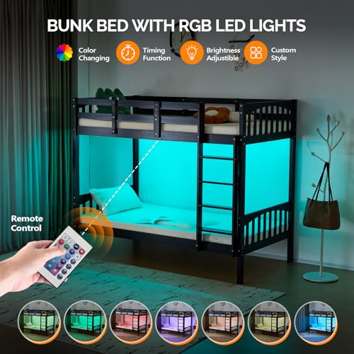 VINGLI Solid Wood Bunk Bed Twin Over Twin, Bunk Beds with Storage Underneath for Kids and Adults with LED Lights/USB Port Charging Station/Extra 15 inches Tall Guardrail,Black VINGLI