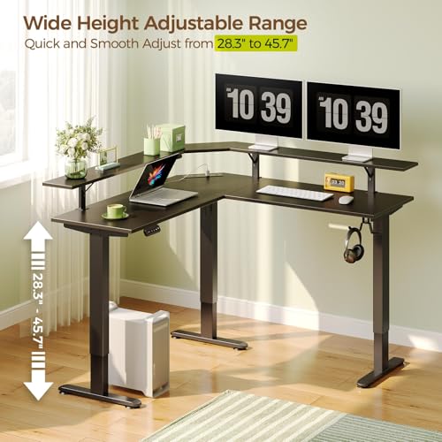 Rolanstar Standing Desk L Shaped with LED Light and Power Outlet, Electric Height Adjustable Computer Office Desk Sit Stand Up with Monitor Stand, Black Rolanstar