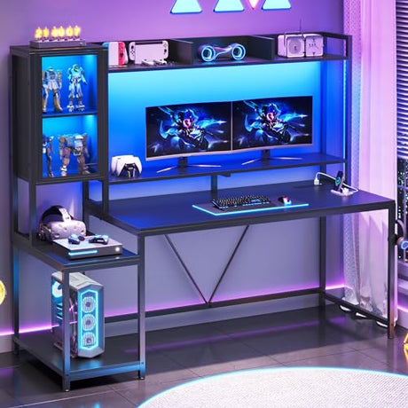 SEDETA Gaming Desk, 60'' Gaming Desk with Hutch and LED Lights, Computer Desk with Storage Shelves, Large PC Gamer Desk with Display Cabinet, Monitor Stand, Power Outlet for Home Office, Black SEDETA