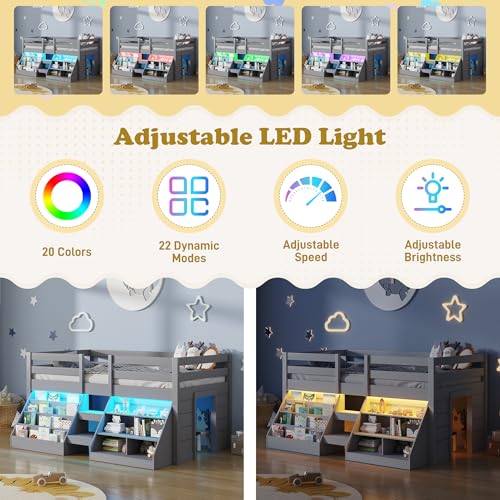 St.Mandyu Twin Size Low Loft Bed with LED Lights, Kids Twin Loft Bed with Stairs, Bookcase, Safety Guardrail and Under-Bed Play Space, Grey St.Mandyu