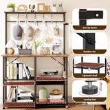 YASONIC Coffee Bar, Bakers Rack with Storage, 34.3 Inches Microwave Stand, 4 Tier Kitchen Shelves Appliance Storage, 14 S Hooks Large Coffee Station for Spices, Pots and Pans, Rustic Brown
