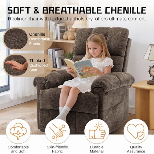 Korser Recliner Chair, Living Room Recliner Chairs for Adults, Small Recliners for Small Spaces, Upholstered Manual Recliner with Side Pockets, Modern Nursery Chair for Living Room, Chenille, Brown