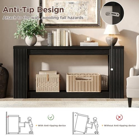 Maupvit Fluted Wooden Console Table with 2 Storage, 71 Inches Rectangular Entryway Table Behind The Couch, Farmhouse Boho Sofa Table for Entrance, Hallway, Living Room (Black) Maupvit