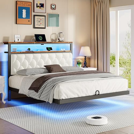ChicZhiNest Queen Floating Bed Frame with Headboard, LED Floating Bed Frames with Charging Station and Upholstered Backrest, Storage Shelf, No Box Spring Needed, Easy Assembly, Noise-Free, Black ChicZhiNest