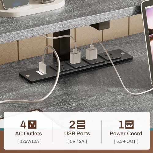 SEDETA Home Office Desk with File Drawer & Power Outlet, 66'' Computer Desk with 5 Drawer, Storage Shelves, Printer Cabinet and Monitor Shelf, Gaming Desk with Led Lights, Grey SEDETA