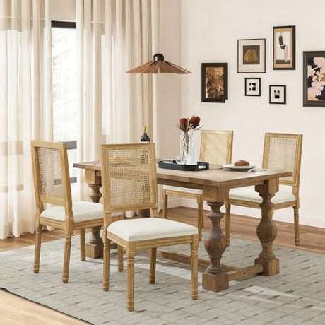 SoarFlash French Decor Chairs Set of 4, Louis Dining Chairs with Square Rattan Backrest, Exquisitely Carved Solid Wood Frame for Living Room, Kitchen, Restaurant, Beige SoarFlash