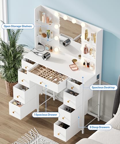 Akxomel Vanity Desk with Mirror and Lights, White Makeup Vanity Table with with Power Outlet, 13.8" D x 37.4" W x 55.1" H, Storage Drawers, Compact Modern Vanity Desk for Bedroom, for Girls, Women Akxomel