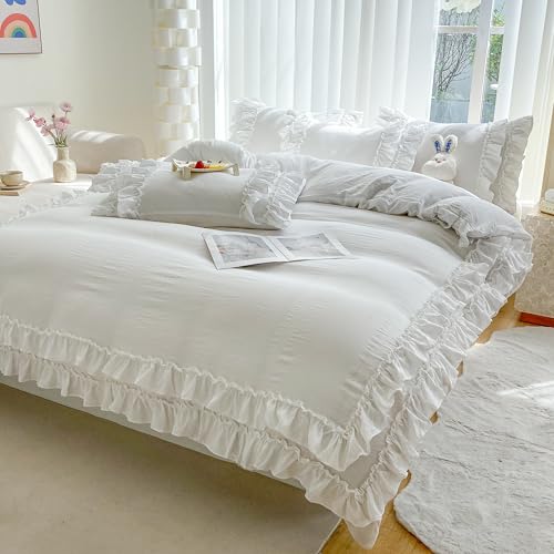 Shabby Chic 3 Pieces Bedding,Vintage Ruffled Full Duvet Cover Set with 2 Layers Ruffles,Soft Brushed Microfiber Set with Zipper Closure,Lightweight Duvet Cover Set-White,Full SOUKECHY