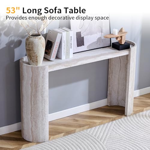 BFJDM 53" Faux Travertine Stone Console Table for Entryway, Sofa Entrance Table with Faux Mars Marble Pattern, Modern Sofa Tables with Round Raised Edge Design for Living Room, Hallway, Foyer, Beige BFJDM