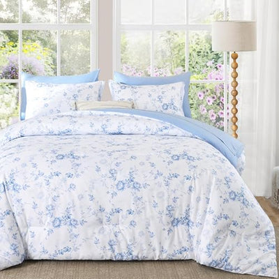 Luxudecor Floral King Comforter Set 7 Pieces Bed in a Bag, Blue Rose Romantic Flower Bed Set, Soft Reversible Comforter with Sheet Set 104"x90"