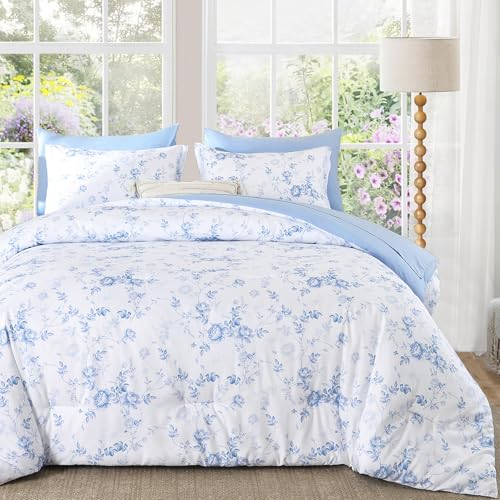 Luxudecor Floral Queen Comforter Set 7 Pieces Bed in a Bag, Blue Rose Romantic Flower Bed Set, Soft Reversible Comforter with Sheet Set 90"x90" Luxudecor
