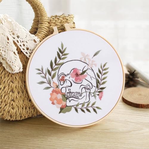 Yangshine 2 Sets Human Anatomy Embroidery Kit for Beginners,Flower with Skull Patterns Cross Stitch Kits,Including Embroidery Hoops, Fabric,Color Threads,Needles,Instructions and Tool Kit