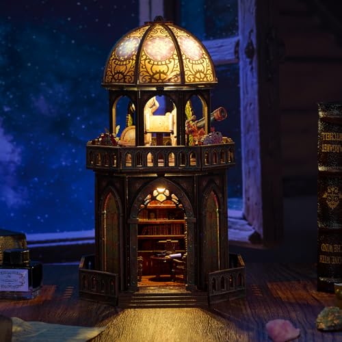 TOYQI Book Nook Mini House Kit, DIY Miniature Dollhouse Booknook for Adults, 3D Wooden Puzzle Bookend Bookshelf Insert Decor, Tiny Stargazing Tower Observatory, Gift for Family and Friends