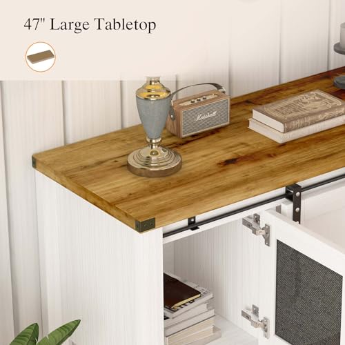 4ever2buy Farmhouse Coffee Bar Cabinet with Storage, 47'' Coffee Bar Table with Sliding Barn and Metal Mesh Doors, White Coffee Table with Bottom Open Shelf for Living Room