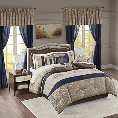 Madison Park Essentials Delaney 24-Piece Room In A Bag Comforter Set-Satin Jacquard All Season Luxury Bedding, Sheets, decorative pillows and Curtains, Valance, Cal King(104"x92"), Medallion Navy